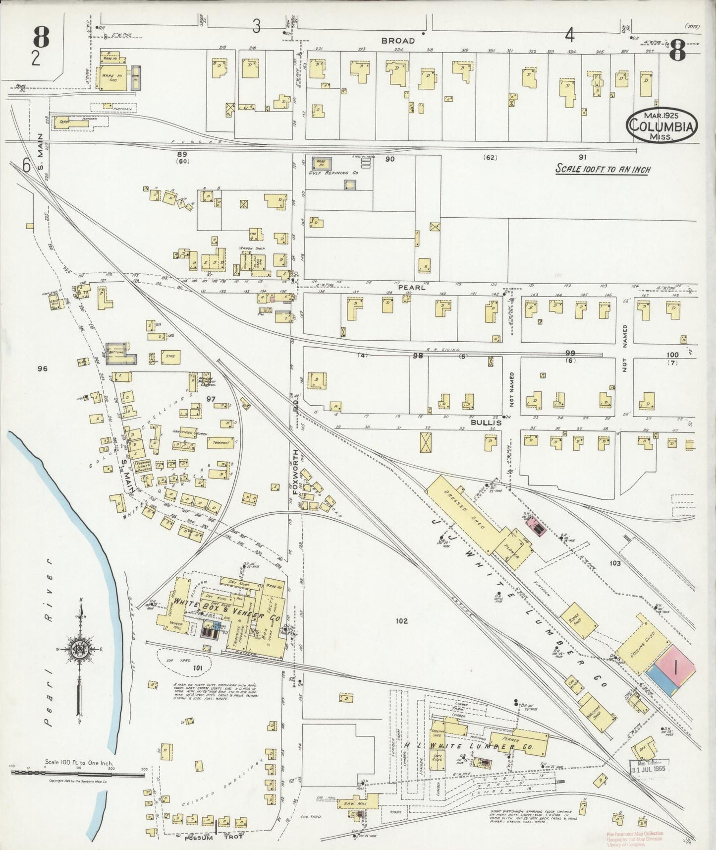 Sanborn Fire Insurance Map from Columbia, Marion County, Mississippi (1925), Sheet #0008 - Historic Sanborn Fire Insurance Map Print, vintage old map wall art, antique decor, genealogy gift, Mississippi Mississippi map