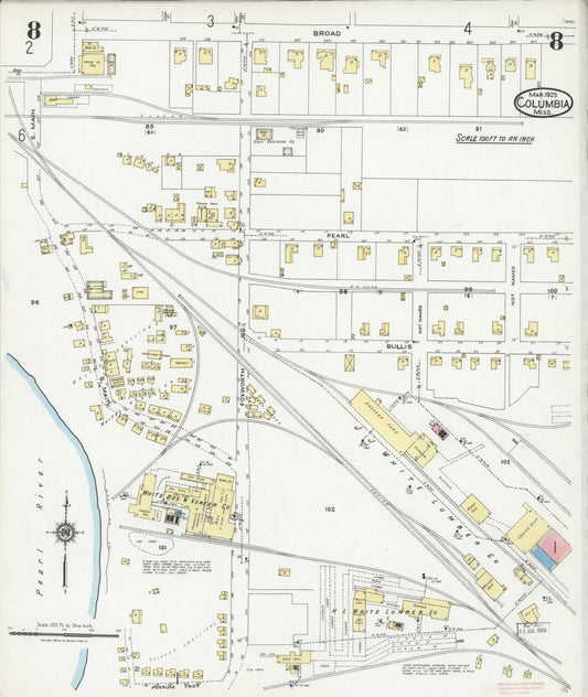 Sanborn Fire Insurance Map from Columbia, Marion County, Mississippi (1925), Sheet #0008 - Historic Sanborn Fire Insurance Map Print, vintage old map wall art, antique decor, genealogy gift, Mississippi Mississippi map