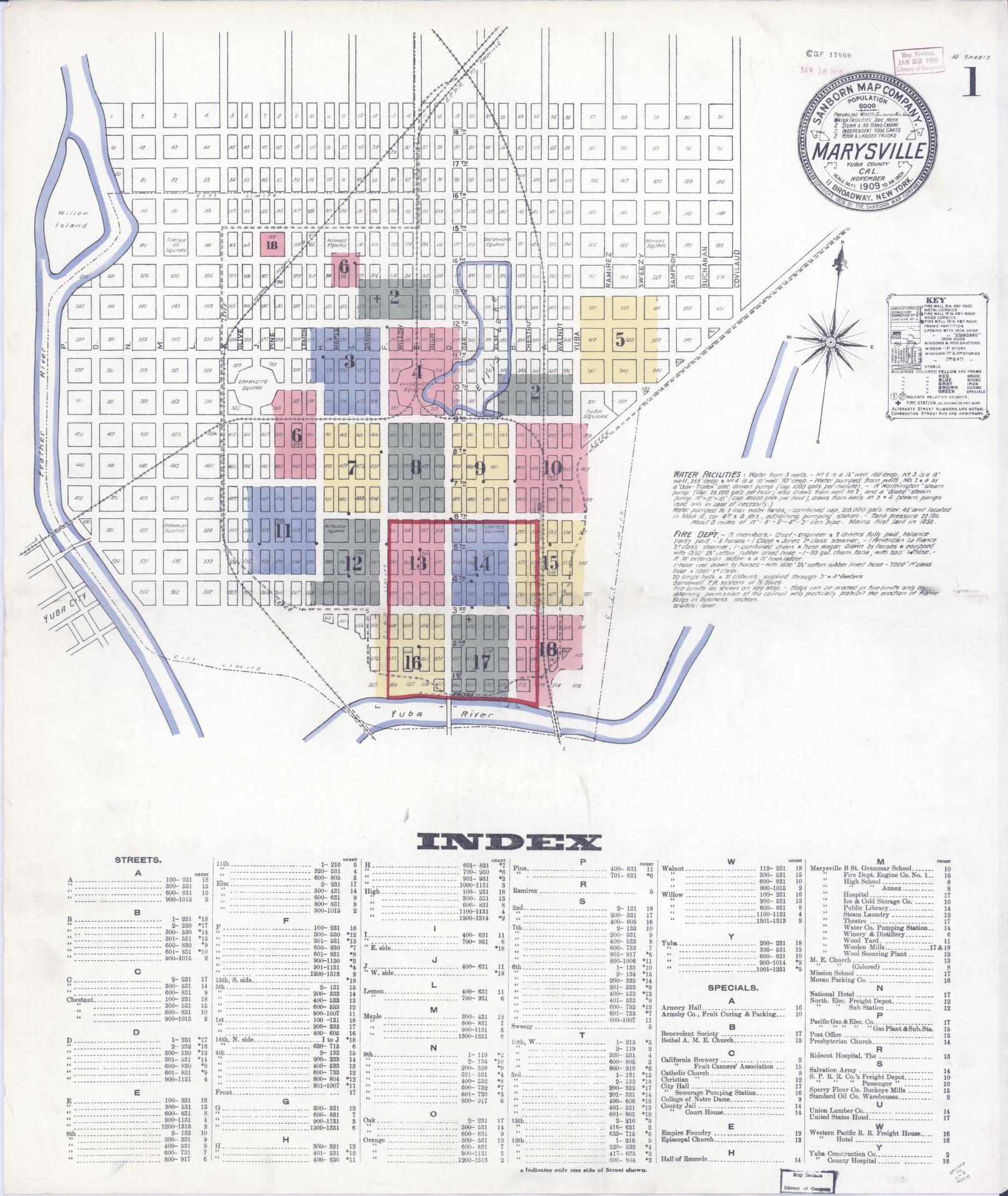 Sanborn Fire Insurance Map from Marysville, Yuba County, California (1909), Sheet #0001 - Historic Sanborn Fire Insurance Map Print, vintage old map wall art, antique decor, genealogy gift, California California map