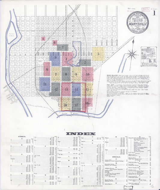 Sanborn Fire Insurance Map from Marysville, Yuba County, California (1909), Sheet #0001 - Historic Sanborn Fire Insurance Map Print, vintage old map wall art, antique decor, genealogy gift, California California map
