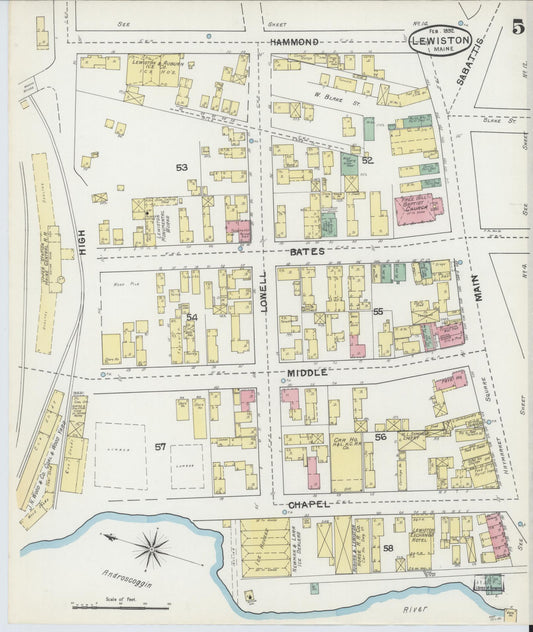 Sanborn Fire Insurance Map from Lewiston, Androscoggin County, Maine (1892), Sheet #0005 - Historic Sanborn Fire Insurance Map Print, vintage old map wall art, antique decor, genealogy gift, Maine Maine map