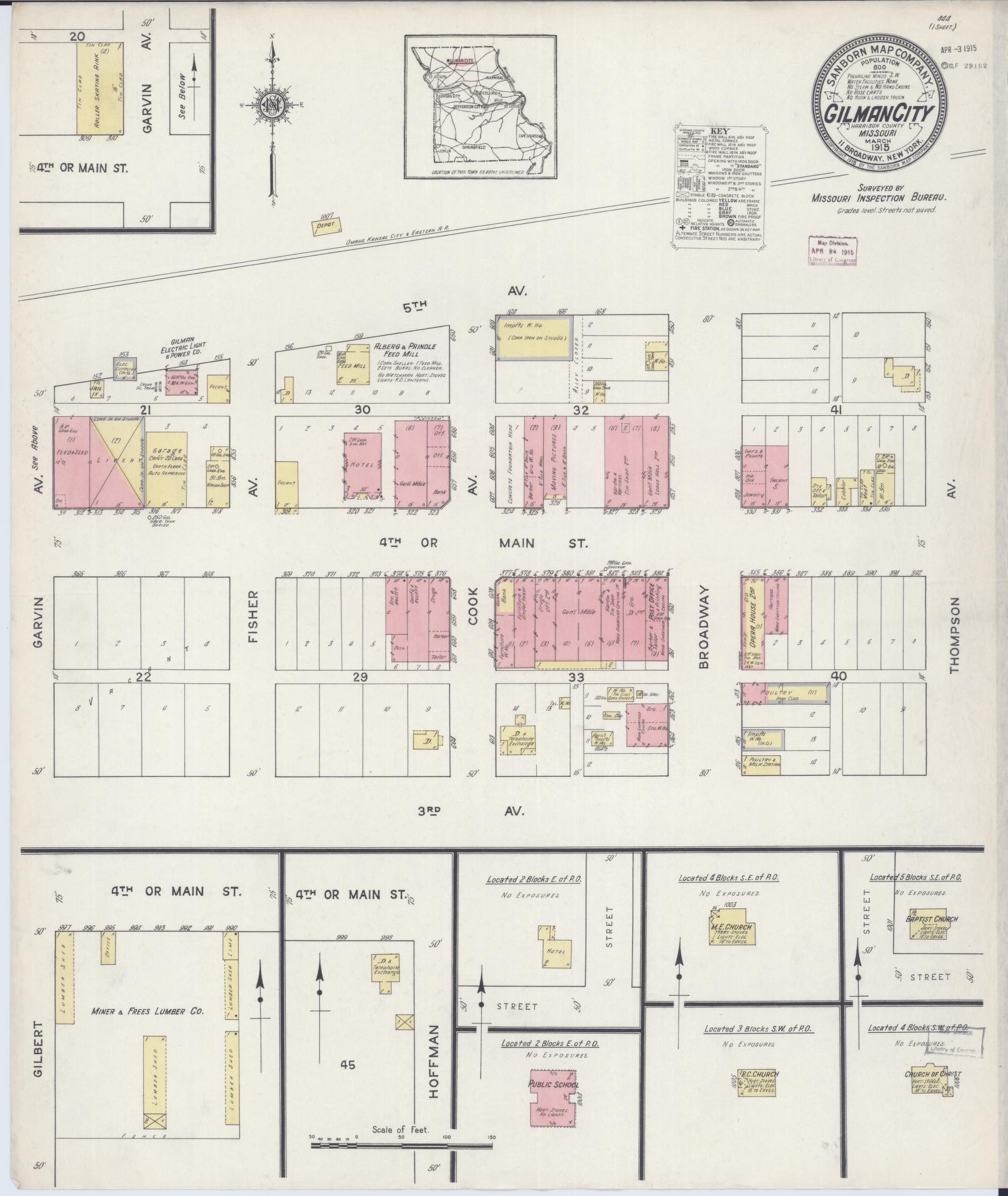 Sanborn Fire Insurance Map from Gilman City, Harrison County, Missouri (1915), Sheet #0001 - Historic Sanborn Fire Insurance Map Print, vintage old map wall art, antique decor, genealogy gift, Missouri Missouri map