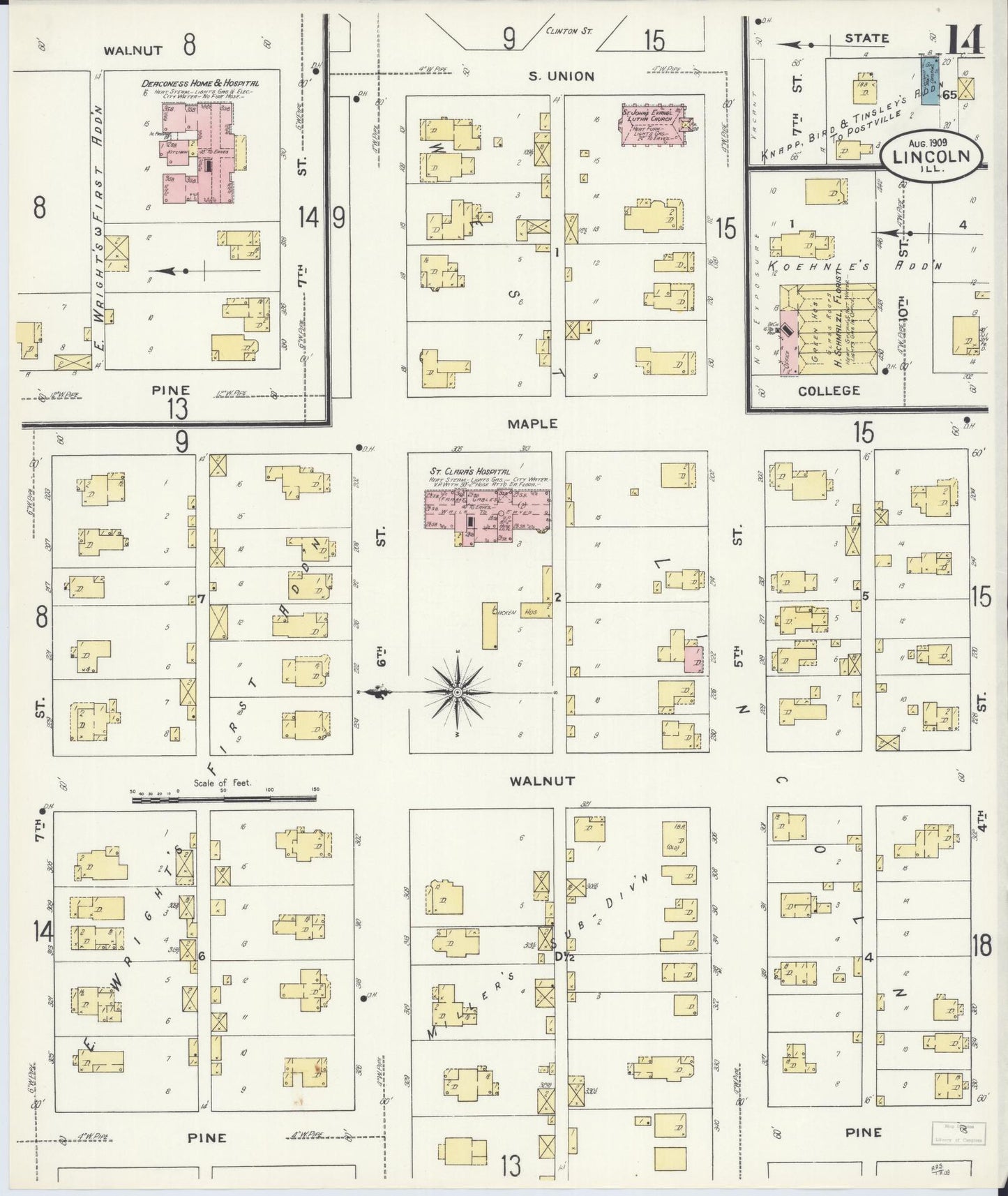 Sanborn Fire Insurance Map from Lincoln, Logan County, Illinois (1909), Sheet #0014 - Complete Map Set gallery image, historic Sanborn map, vintage wall art, Illinois Illinois