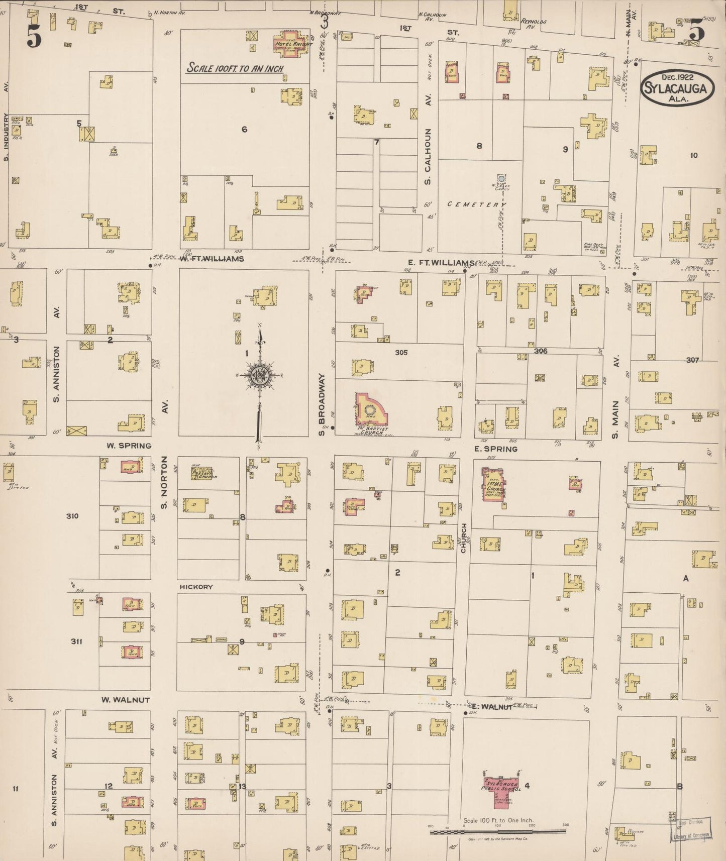 Sanborn Fire Insurance Map from Sylacauga, Talladega County, Alabama (1922), Sheet #0005 - Historic Sanborn Fire Insurance Map Print, vintage old map wall art, antique decor, genealogy gift, Alabama Alabama map