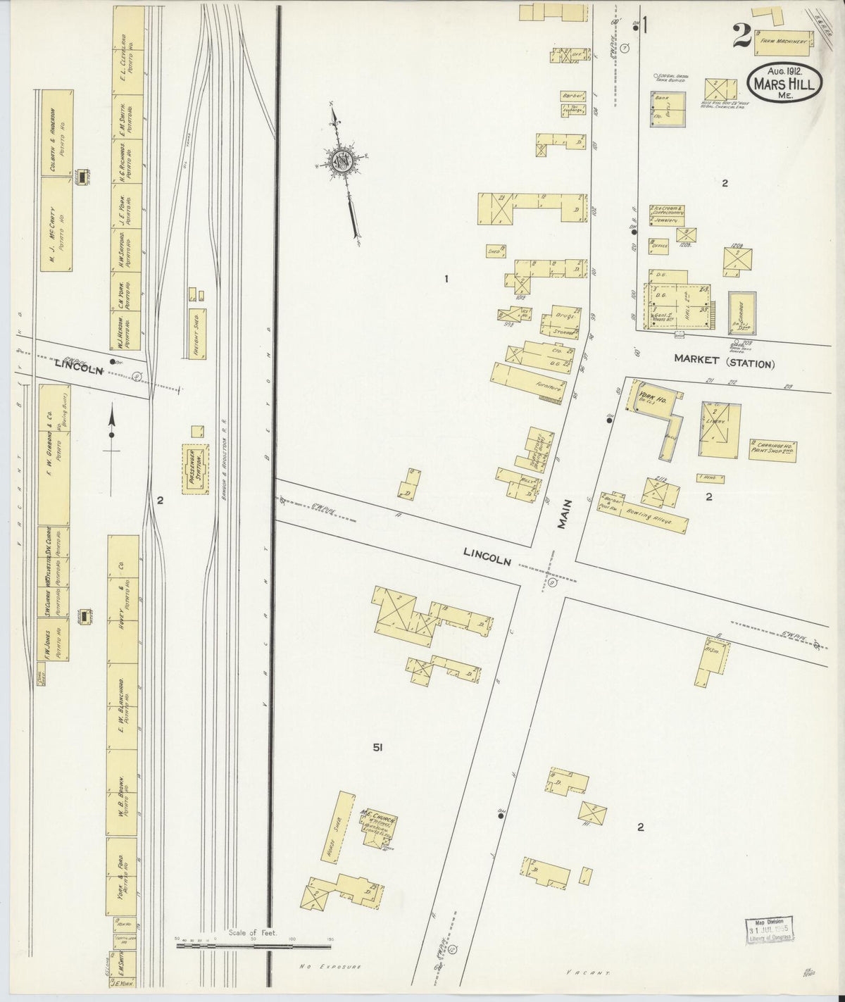 Sanborn Fire Insurance Map from Mars Hill, Aroostook County, Maine (1912), Sheet #0002 - Historic Sanborn Fire Insurance Map Print, vintage old map wall art, antique decor, genealogy gift, Maine Maine map