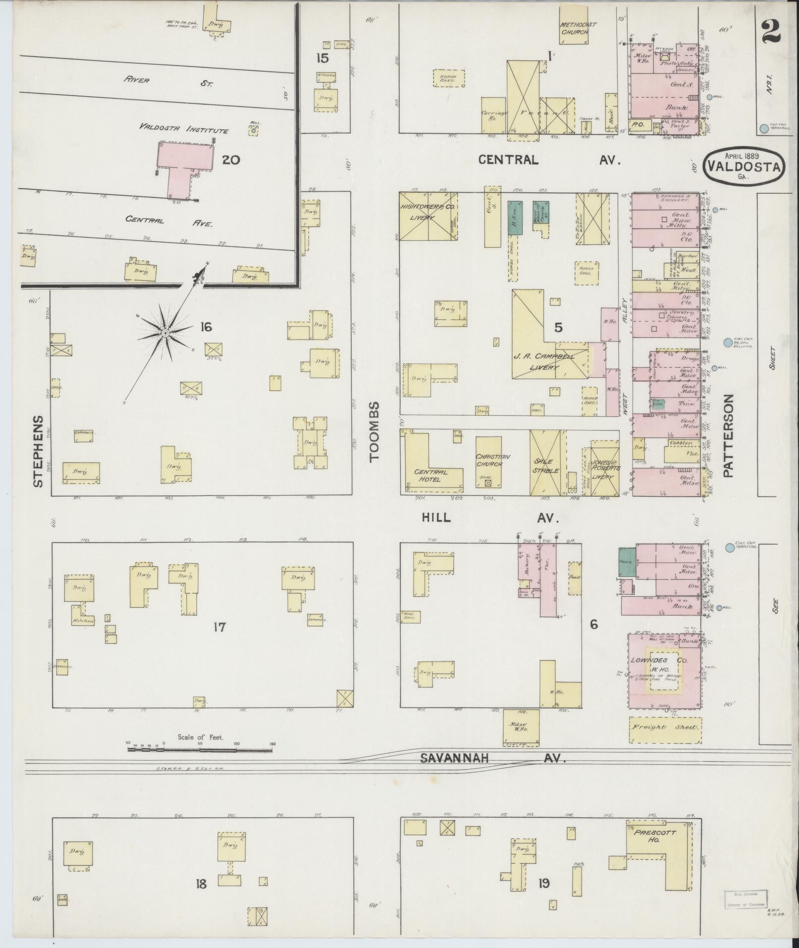 Sanborn Fire Insurance Map from Valdosta, Lowndes County, Georgia (1889), Sheet #0002 - Complete Map Set gallery image, historic Sanborn map, vintage wall art, Georgia Georgia