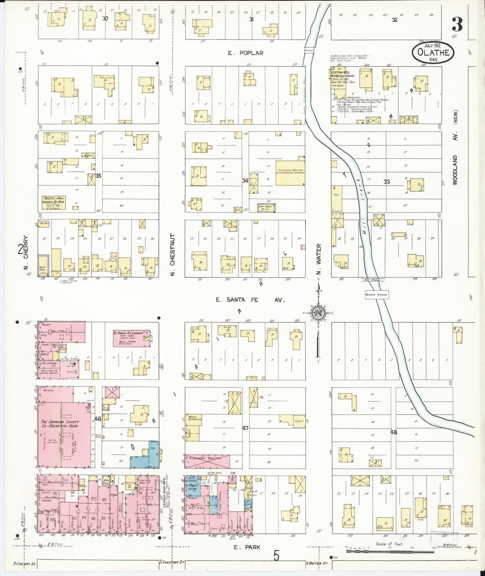 Sanborn Fire Insurance Map from Olathe, Johnson County, Kansas (1912), Sheet #0003 - Historic Sanborn Fire Insurance Map Print, vintage old map wall art, antique decor, genealogy gift, Kansas Kansas map