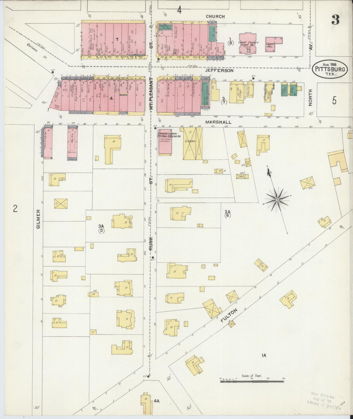 Sanborn Fire Insurance Map from Pittsburg, Camp County, Texas (1906), Sheet #0003 - Complete Map Set gallery image, historic Sanborn map, vintage wall art, Texas Texas