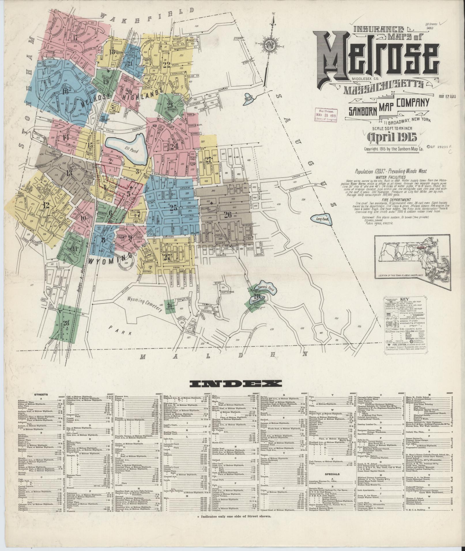 Sanborn Fire Insurance Map from Melrose, Middlesex County, Massachusetts (1915), Sheet #0001 - Historic Sanborn Fire Insurance Map Print, vintage old map wall art, antique decor, genealogy gift, Massachusetts Massachusetts map