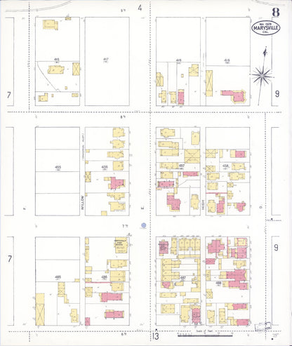 Sanborn Fire Insurance Map from Marysville, Yuba County, California (1909), Sheet #0008 - Historic Sanborn Fire Insurance Map Print, vintage old map wall art, antique decor, genealogy gift, California California map