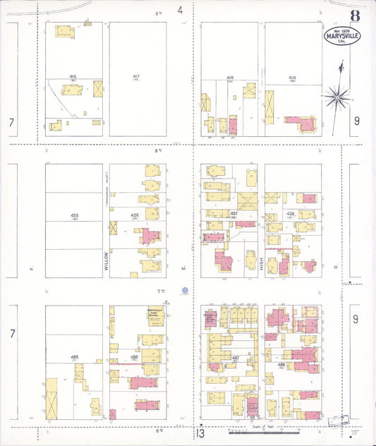 Sanborn Fire Insurance Map from Marysville, Yuba County, California (1909), Sheet #0008 - Historic Sanborn Fire Insurance Map Print, vintage old map wall art, antique decor, genealogy gift, California California map