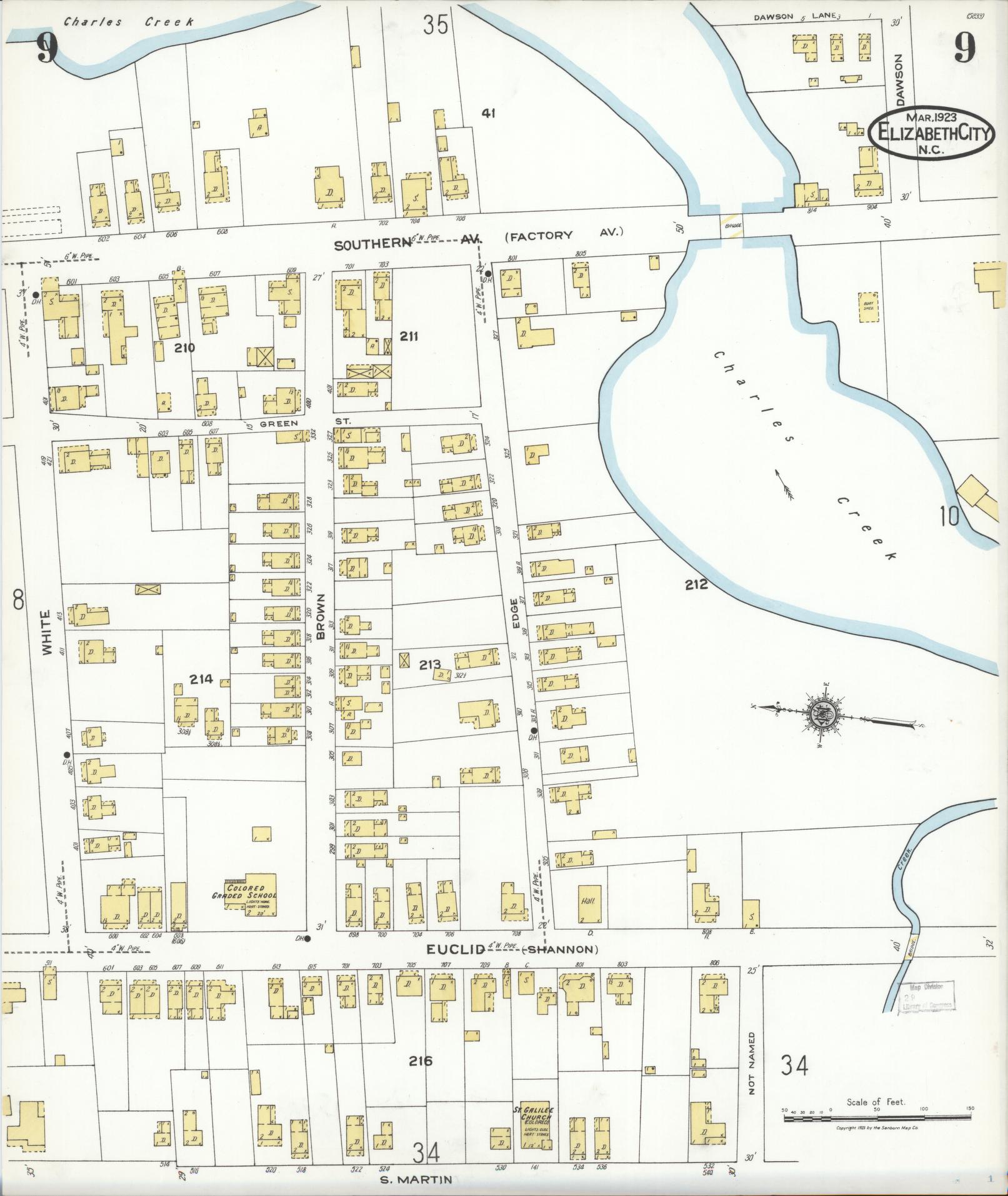 Sanborn Fire Insurance Map from Elizabeth City, Pasquotank County, North Carolina (1923), Sheet #0009 - Complete Map Set gallery image, historic Sanborn map, vintage wall art, North Carolina North Carolina