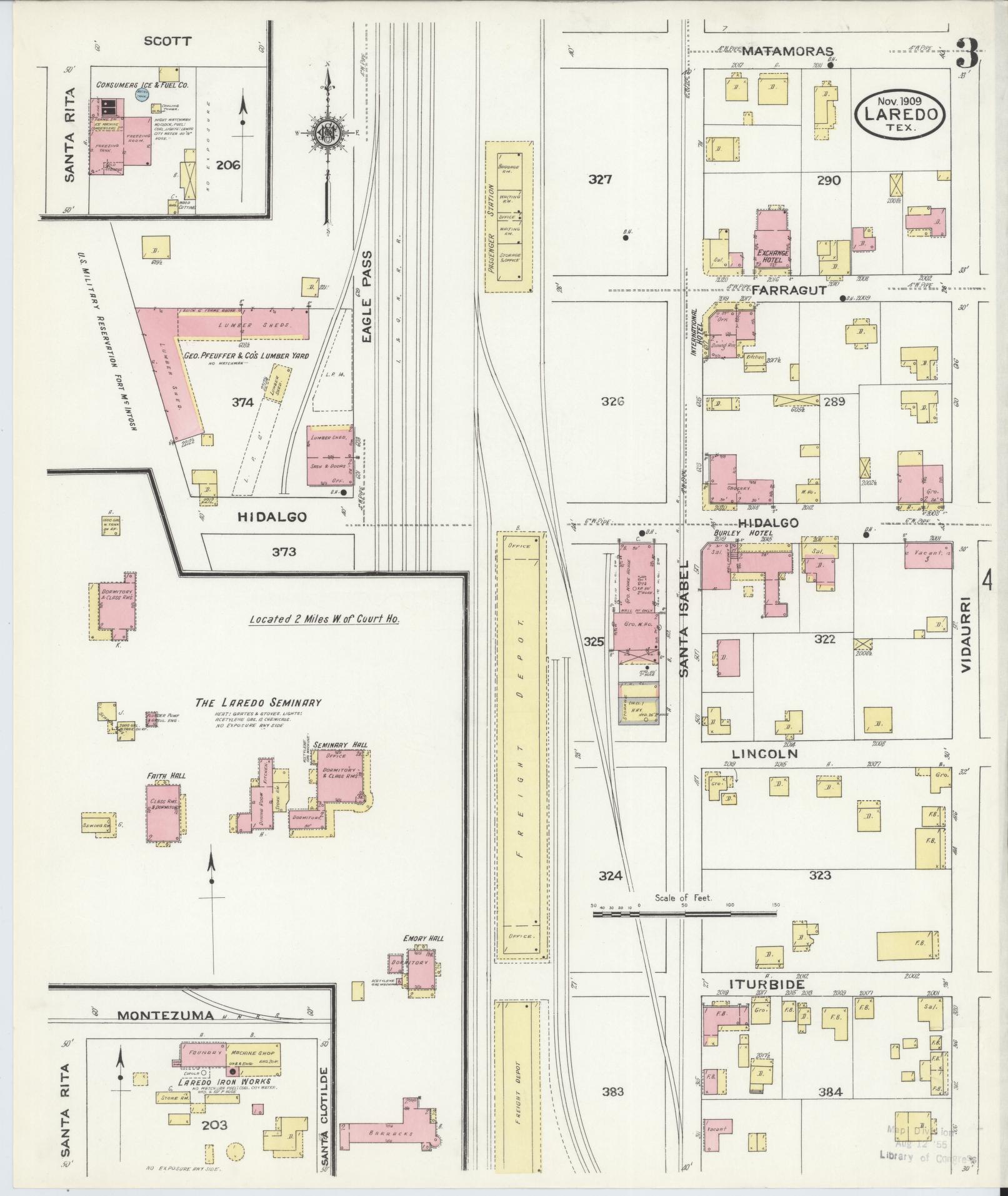 Sanborn Fire Insurance Map from Laredo, Webb County, Texas (1909), Sheet #0003 - Historic Sanborn Fire Insurance Map Print, vintage old map wall art, antique decor, genealogy gift, Texas Texas map