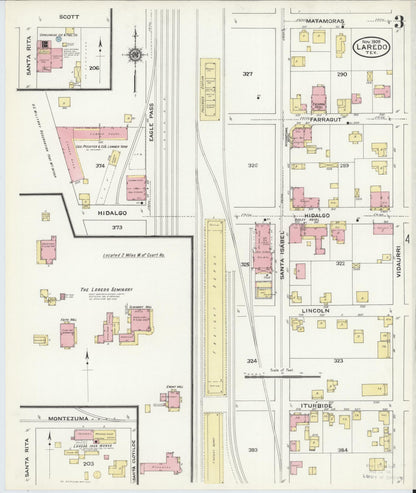 Sanborn Fire Insurance Map from Laredo, Webb County, Texas (1909), Sheet #0003 - Historic Sanborn Fire Insurance Map Print, vintage old map wall art, antique decor, genealogy gift, Texas Texas map