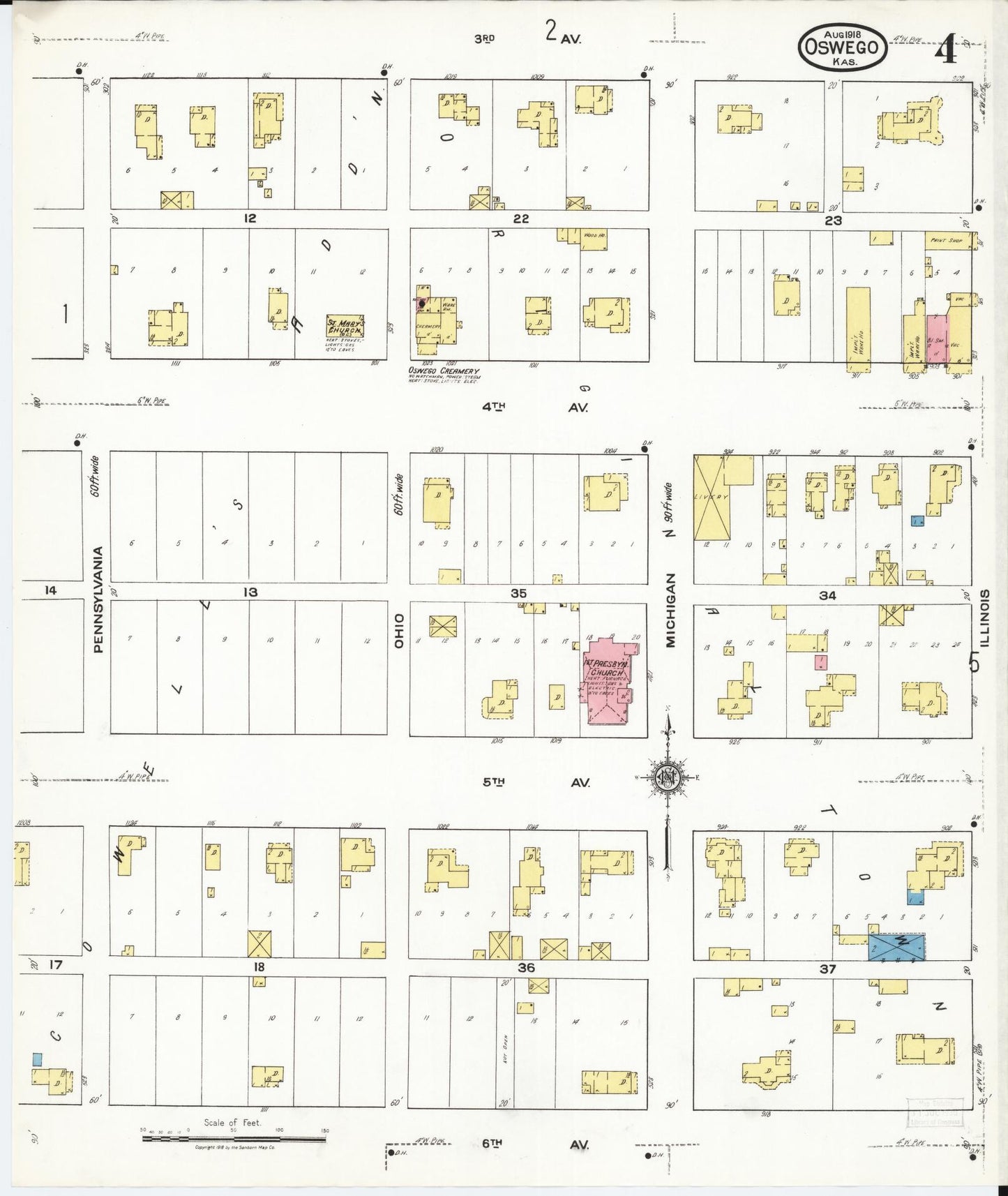 Sanborn Fire Insurance Map from Oswego, Labette County, Kansas (1918), Sheet #0004 - Historic Sanborn Fire Insurance Map Print, vintage old map wall art, antique decor, genealogy gift, Kansas Kansas map