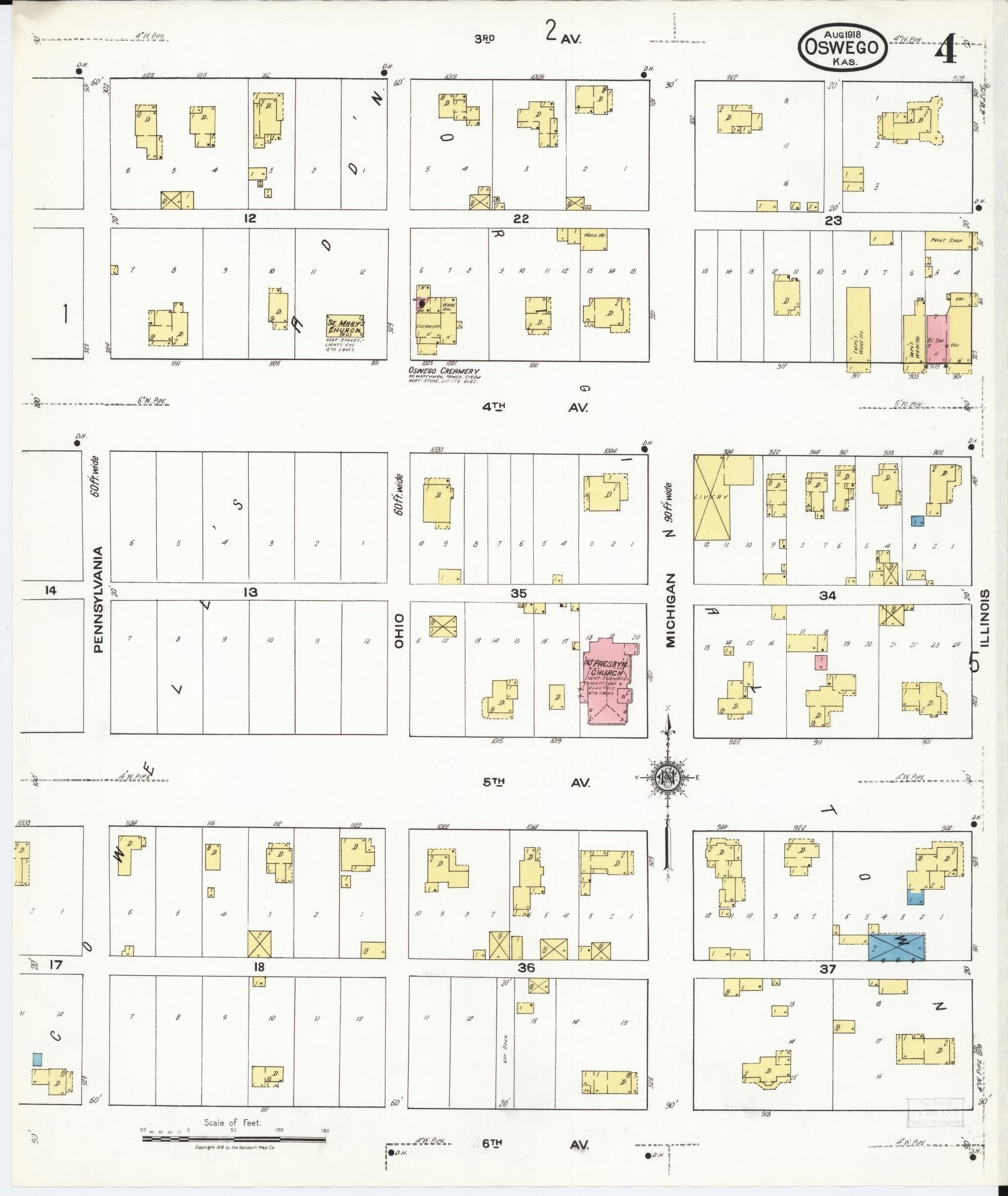 Sanborn Fire Insurance Map from Oswego, Labette County, Kansas (1918), Sheet #0004 - Historic Sanborn Fire Insurance Map Print, vintage old map wall art, antique decor, genealogy gift, Kansas Kansas map