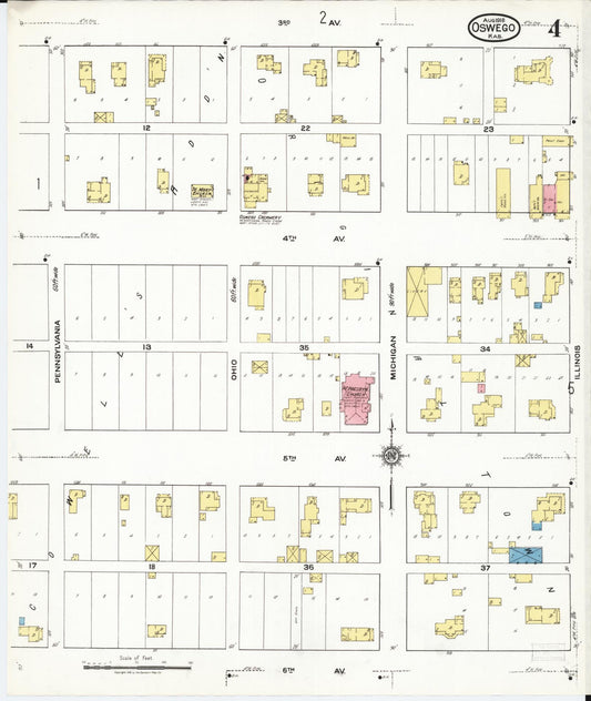 Sanborn Fire Insurance Map from Oswego, Labette County, Kansas (1918), Sheet #0004 - Historic Sanborn Fire Insurance Map Print, vintage old map wall art, antique decor, genealogy gift, Kansas Kansas map