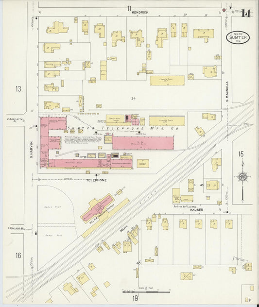 Sanborn Fire Insurance Map from Sumter, Sumter County, South Carolina (1912), Sheet #0014 - Historic Sanborn Fire Insurance Map Print, vintage old map wall art, antique decor, genealogy gift, South Carolina South Carolina map