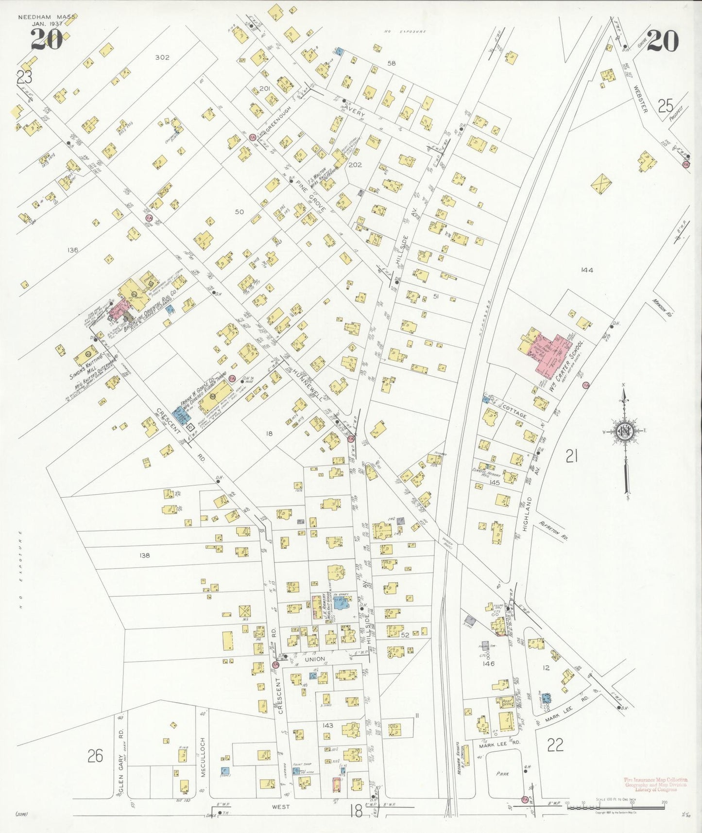 Sanborn Fire Insurance Map from Needham, Norfolk County, Massachusetts (1937), Sheet #0020 - Complete Map Set gallery image, historic Sanborn map, vintage wall art, Massachusetts Massachusetts