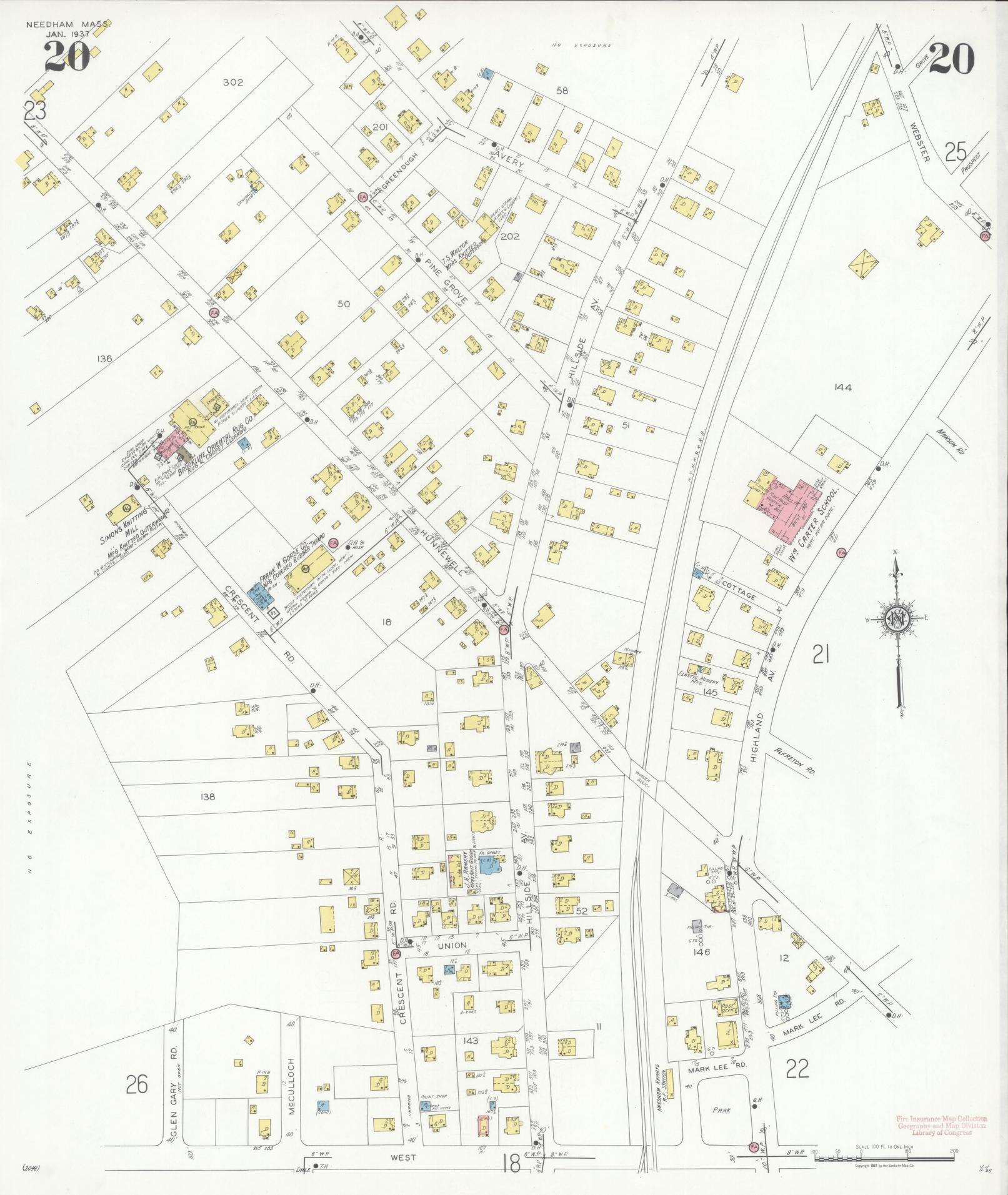 Sanborn Fire Insurance Map from Needham, Norfolk County, Massachusetts (1937), Sheet #0020 - Complete Map Set gallery image, historic Sanborn map, vintage wall art, Massachusetts Massachusetts