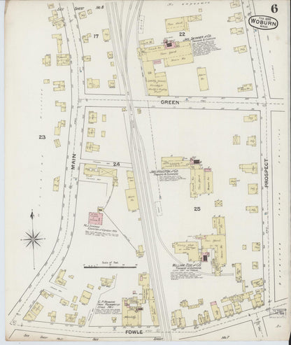 Sanborn Fire Insurance Map from Woburn, Middlesex County, Massachusetts (1888), Sheet #0006 - Historic Sanborn Fire Insurance Map Print, vintage old map wall art, antique decor, genealogy gift, Massachusetts Massachusetts map