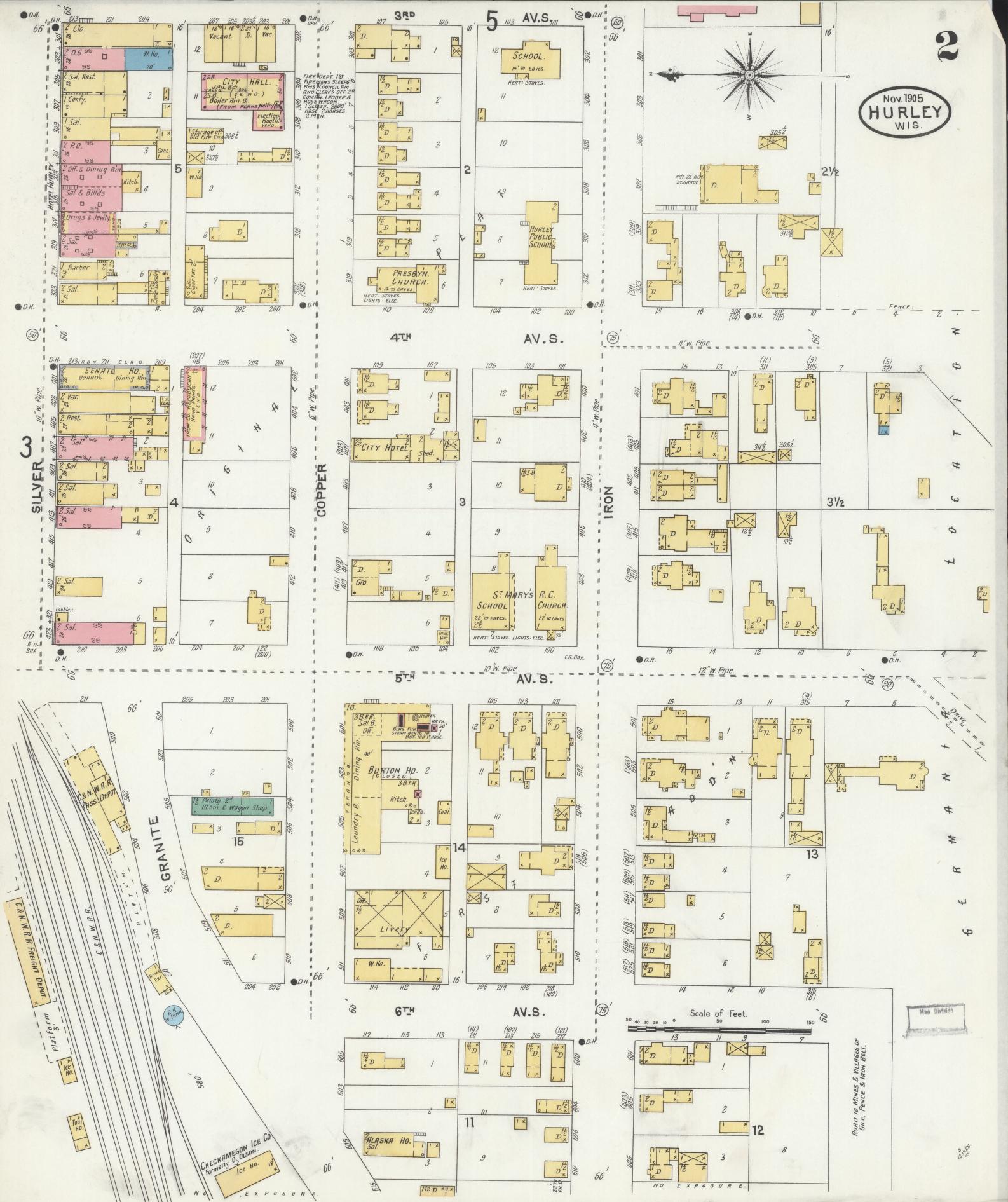 Sanborn Fire Insurance Map from Hurley, Iron County, Wisconsin (1905), Sheet #0002 - Complete Map Set gallery image, historic Sanborn map, vintage wall art, Wisconsin Wisconsin