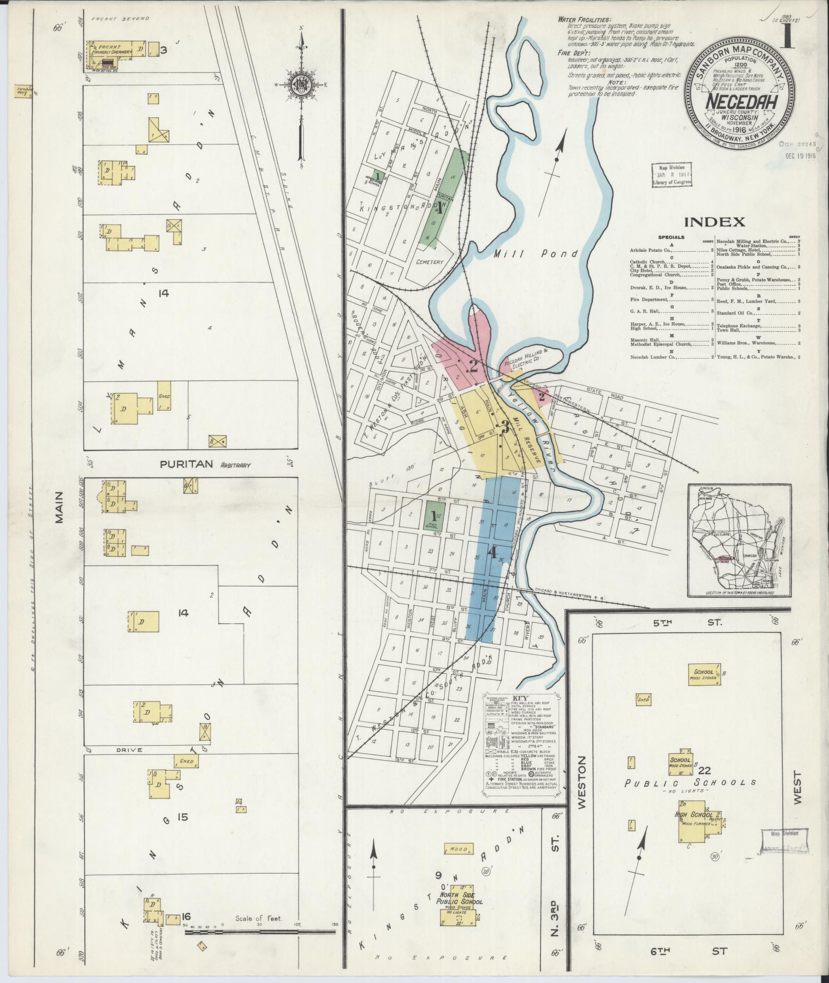 Sanborn Fire Insurance Map from Necedah, Juneau County, Wisconsin (1916), Sheet #0001 - Complete Map Set gallery image, historic Sanborn map, vintage wall art, Wisconsin Wisconsin