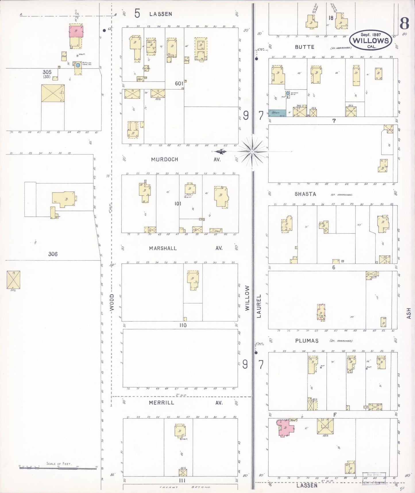 Sanborn Fire Insurance Map from Willows, Glenn County, California (1897), Sheet #0008 - Complete Map Set gallery image, historic Sanborn map, vintage wall art, California California