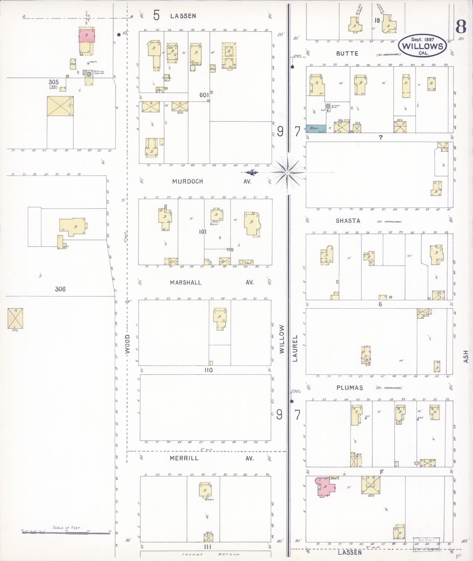 Sanborn Fire Insurance Map from Willows, Glenn County, California (1897), Sheet #0008 - Complete Map Set gallery image, historic Sanborn map, vintage wall art, California California