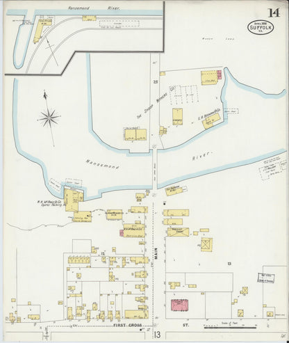 Sanborn Fire Insurance Map from Suffolk, Independent Cities, Virginia (1898), Sheet #0014 - Historic Sanborn Fire Insurance Map Print, vintage old map wall art, antique decor, genealogy gift, Virginia Virginia map