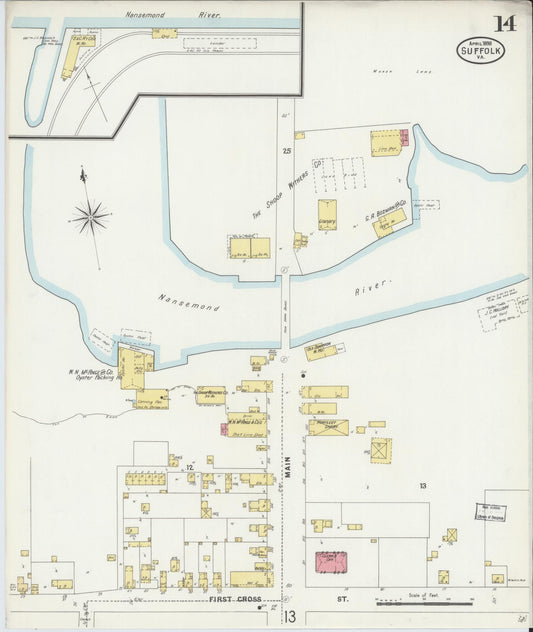Sanborn Fire Insurance Map from Suffolk, Independent Cities, Virginia (1898), Sheet #0014 - Historic Sanborn Fire Insurance Map Print, vintage old map wall art, antique decor, genealogy gift, Virginia Virginia map