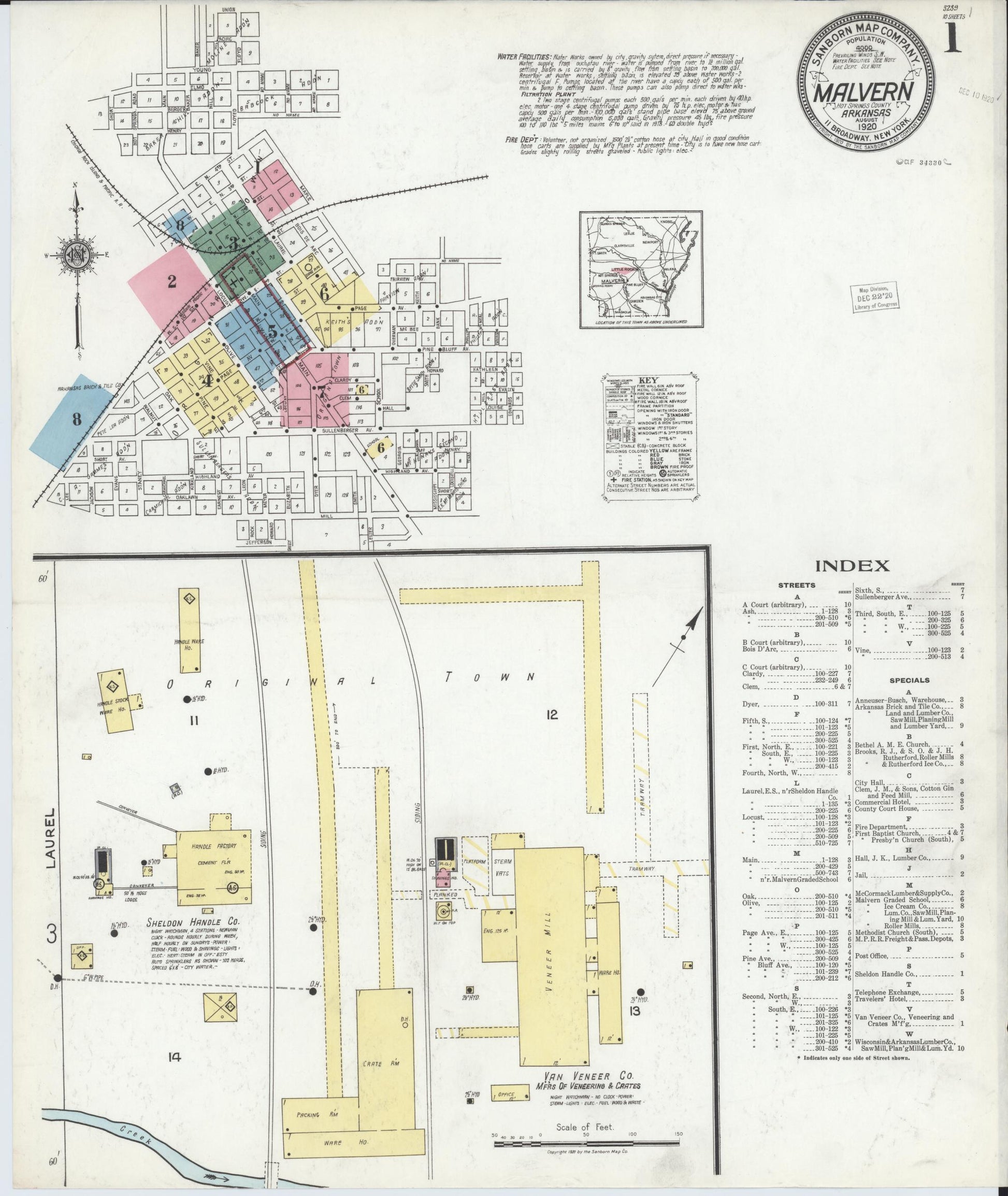 Sanborn Fire Insurance Map from Malvern, Hot Springs County, Arkansas (1920), Sheet #0001 - Historic Sanborn Fire Insurance Map Print, vintage old map wall art, antique decor, genealogy gift, Arkansas Arkansas map