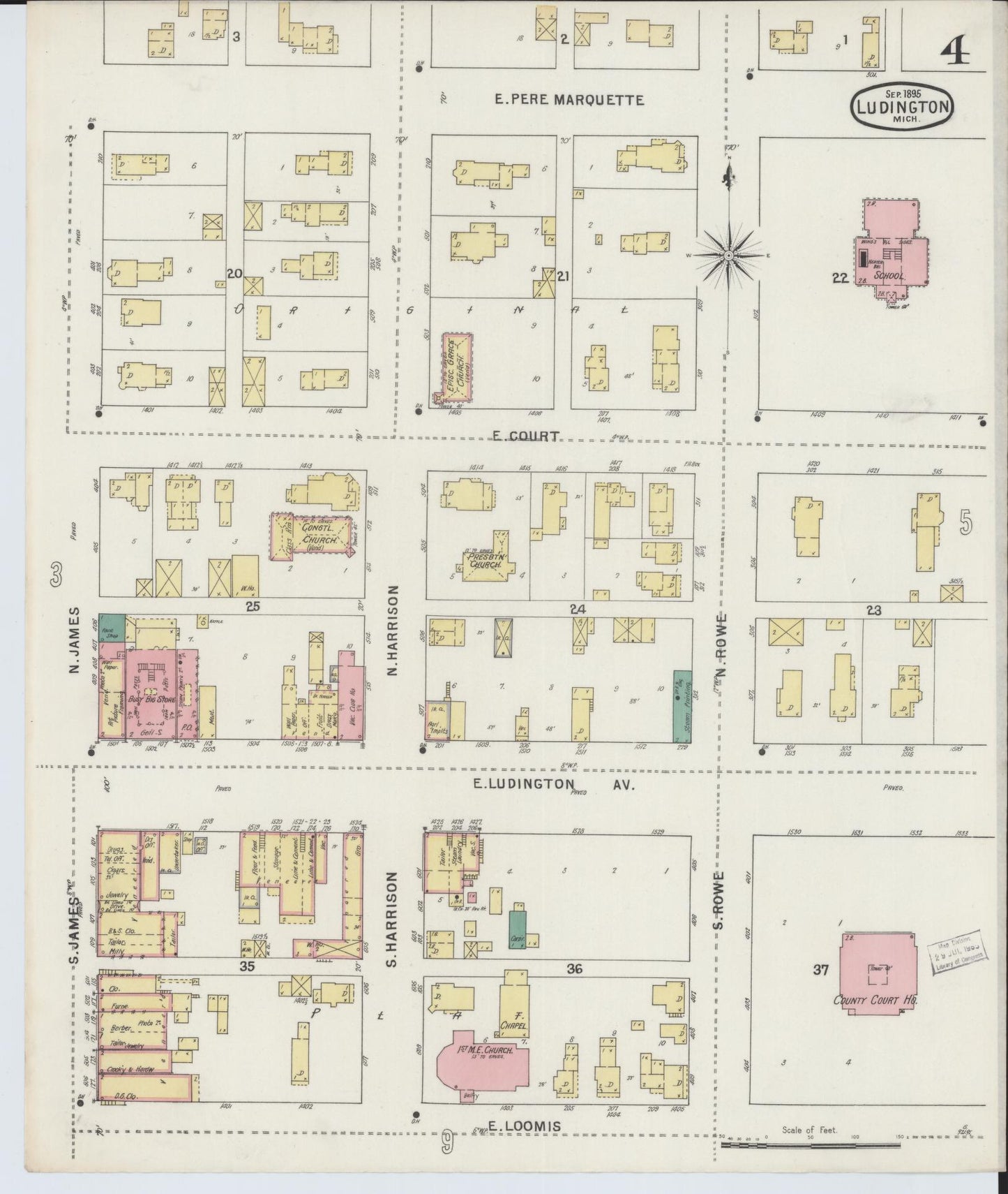 Sanborn Fire Insurance Map from Ludington, Mason County, Michigan (1895), Sheet #0004 - Complete Map Set gallery image, historic Sanborn map, vintage wall art, Michigan Michigan