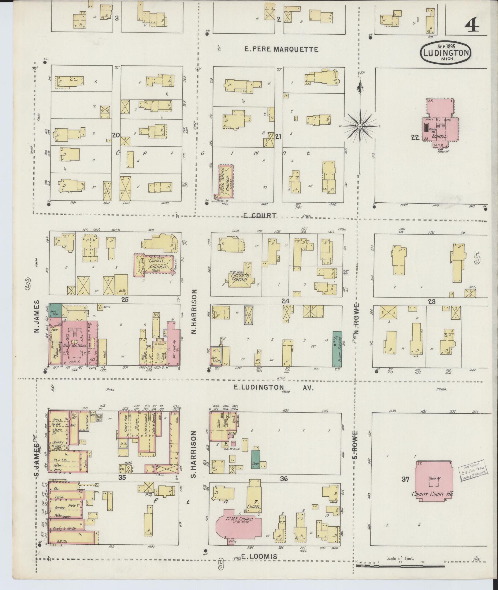 Sanborn Fire Insurance Map from Ludington, Mason County, Michigan (1895), Sheet #0004 - Complete Map Set gallery image, historic Sanborn map, vintage wall art, Michigan Michigan