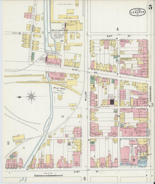 Sanborn Fire Insurance Map from Lebanon, Lebanon County, Pennsylvania (1896), Sheet #0005 - Historic Sanborn Fire Insurance Map Print, vintage old map wall art, antique decor, genealogy gift, Pennsylvania Pennsylvania map