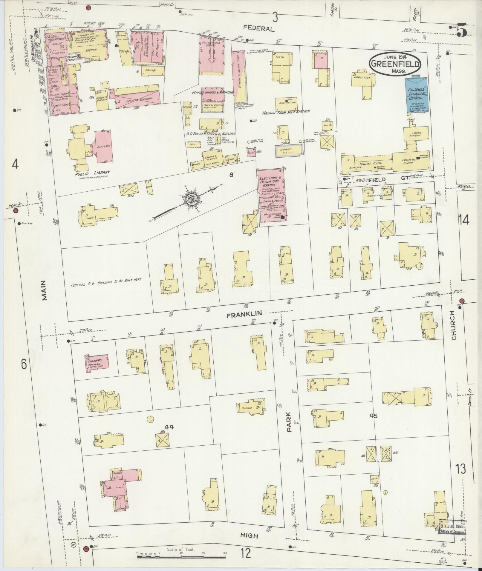 Sanborn Fire Insurance Map from Greenfield, Franklin County, Massachusetts (1914), Sheet #0005 - Complete Map Set gallery image, historic Sanborn map, vintage wall art, Massachusetts Massachusetts