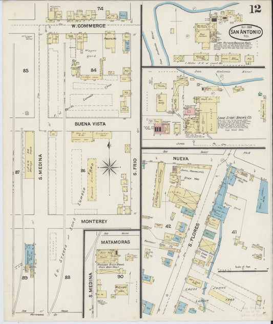 Sanborn Fire Insurance Map from San Antonio, Bexar County, Texas (1888), Sheet #0012 - Historic Sanborn Fire Insurance Map Print, vintage old map wall art, antique decor, genealogy gift, Texas Texas map