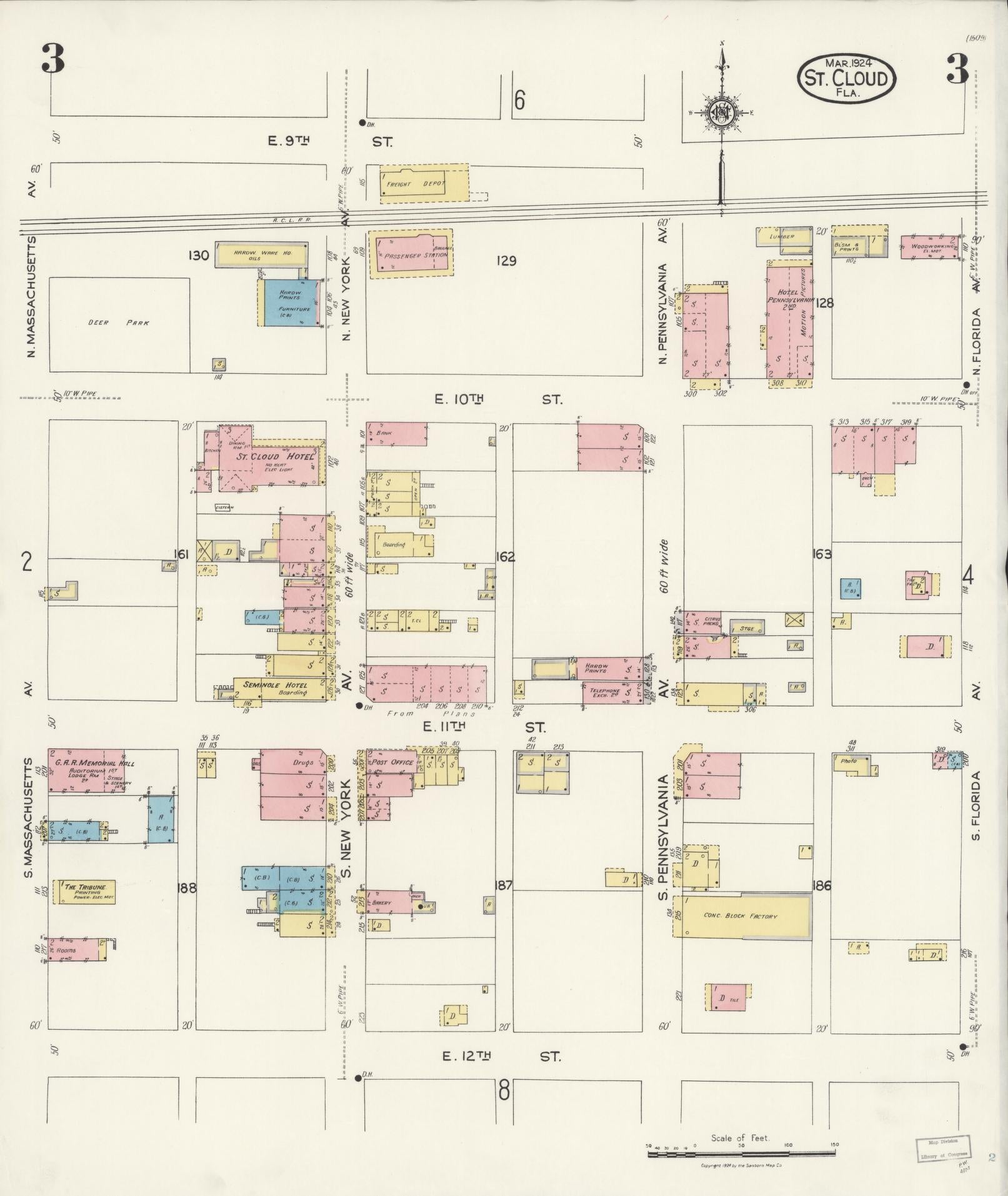 Sanborn Fire Insurance Map from Saint Cloud, Osceola County, Florida (1924), Sheet #0003 - Complete Map Set gallery image, historic Sanborn map, vintage wall art, Florida Florida