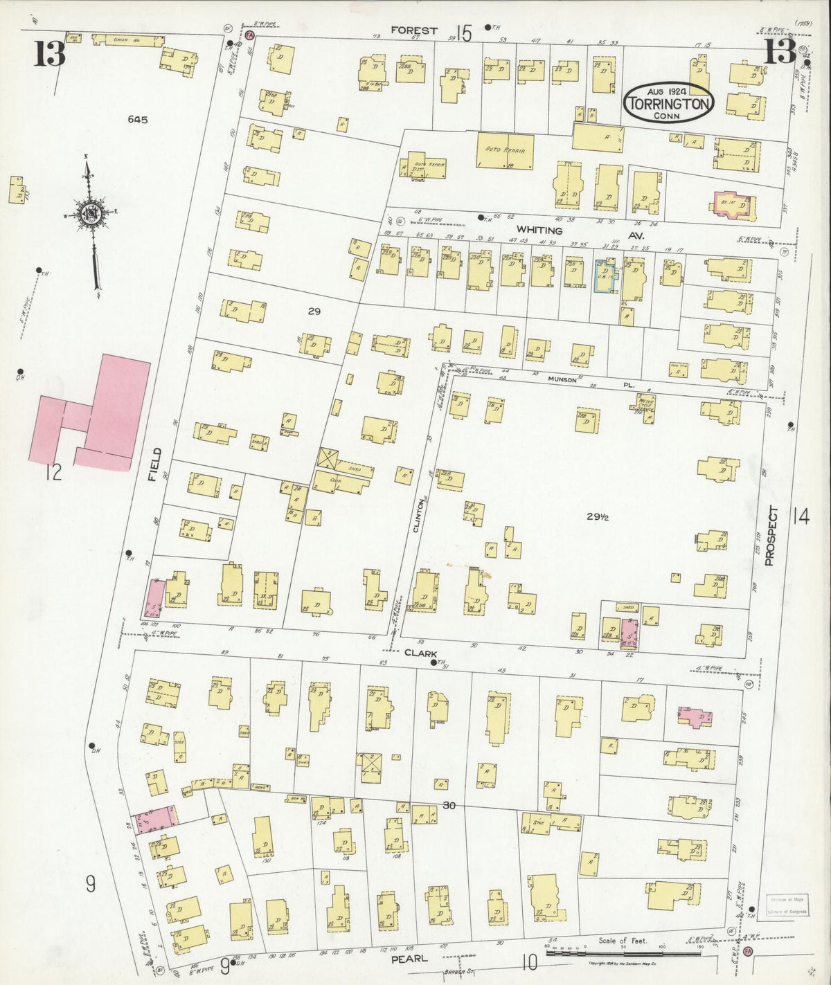 Sanborn Fire Insurance Map from Torrington, Litchfield County, Connecticut (1924), Sheet #0013 - Historic Sanborn Fire Insurance Map Print, vintage old map wall art, antique decor, genealogy gift, Connecticut Connecticut map