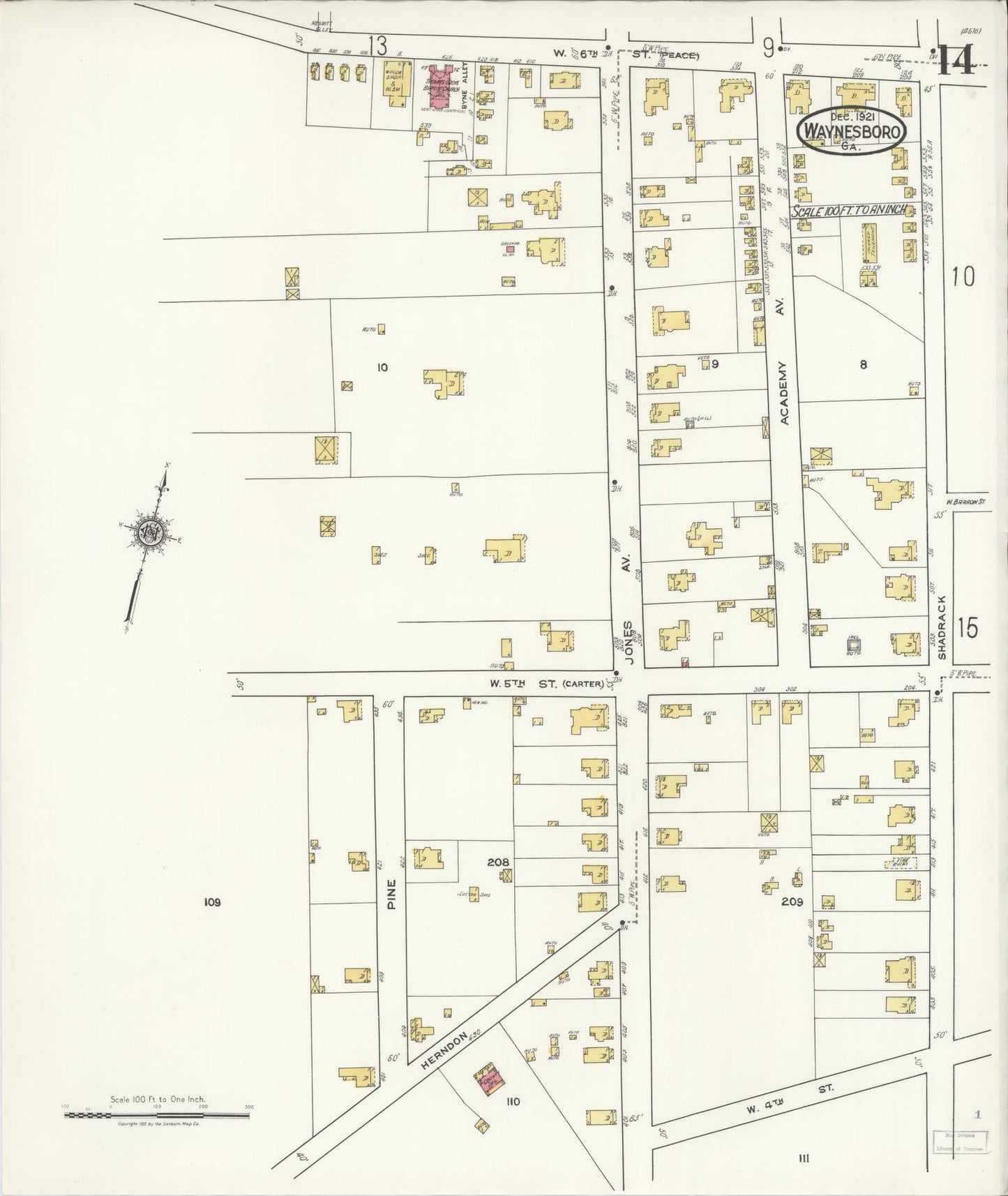 Sanborn Fire Insurance Map from Waynesboro, Burke County, Georgia (1921), Sheet #0014 - Historic Sanborn Fire Insurance Map Print, vintage old map wall art, antique decor, genealogy gift, Georgia Georgia map