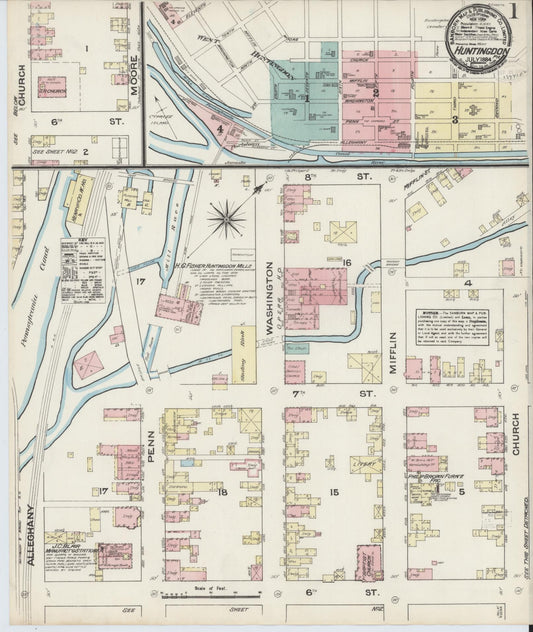 Sanborn Fire Insurance Map from Huntingdon, Huntingdon County, Pennsylvania (1884), Sheet #0001 - Historic Sanborn Fire Insurance Map Print, vintage old map wall art, antique decor, genealogy gift, Pennsylvania Pennsylvania map
