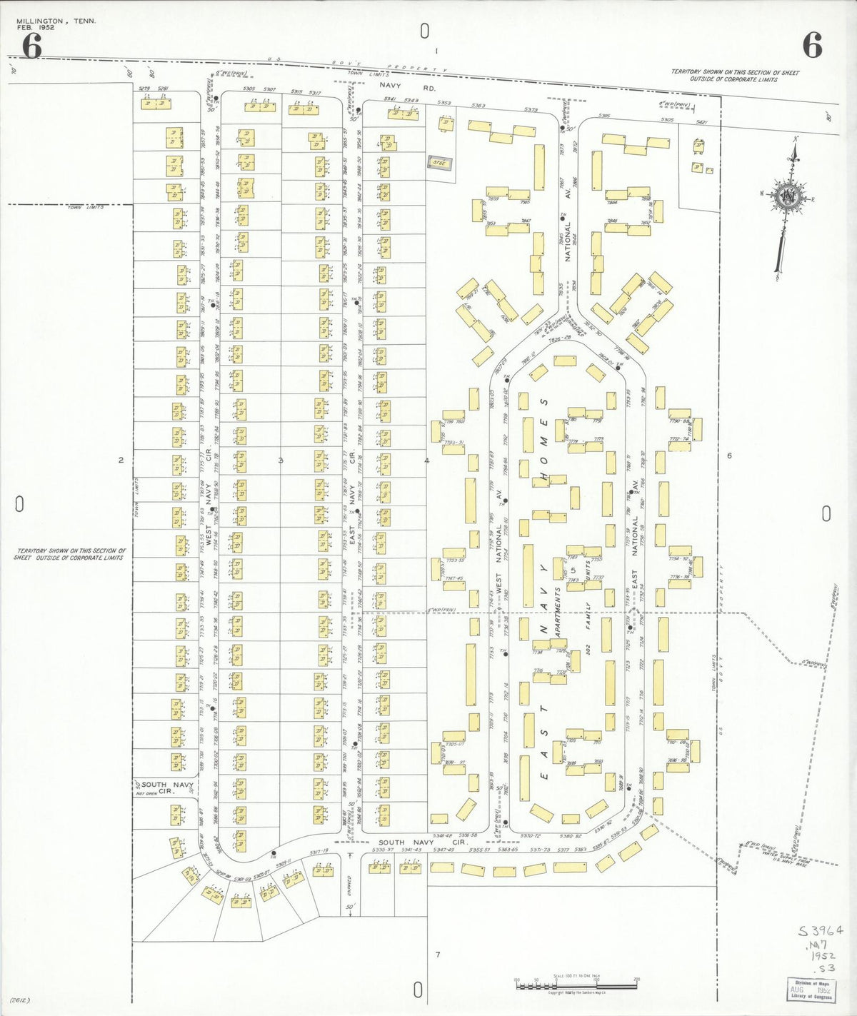 Sanborn Fire Insurance Map from Millington, Shelby County, Tennessee (1952), Sheet #0006 - Historic Sanborn Fire Insurance Map Print, vintage old map wall art, antique decor, genealogy gift, Tennessee Tennessee map