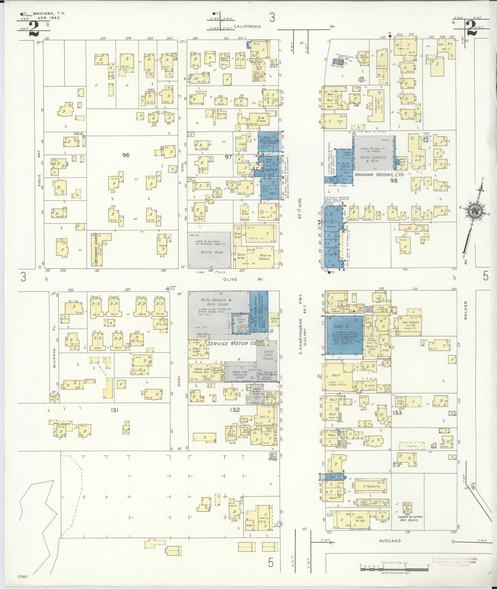 Sanborn Fire Insurance Map from Wahiawa, Honolulu County, Hawaii (1942), Sheet #0002 - Historic Sanborn Fire Insurance Map Print, vintage old map wall art, antique decor, genealogy gift, Hawaii Hawaii map