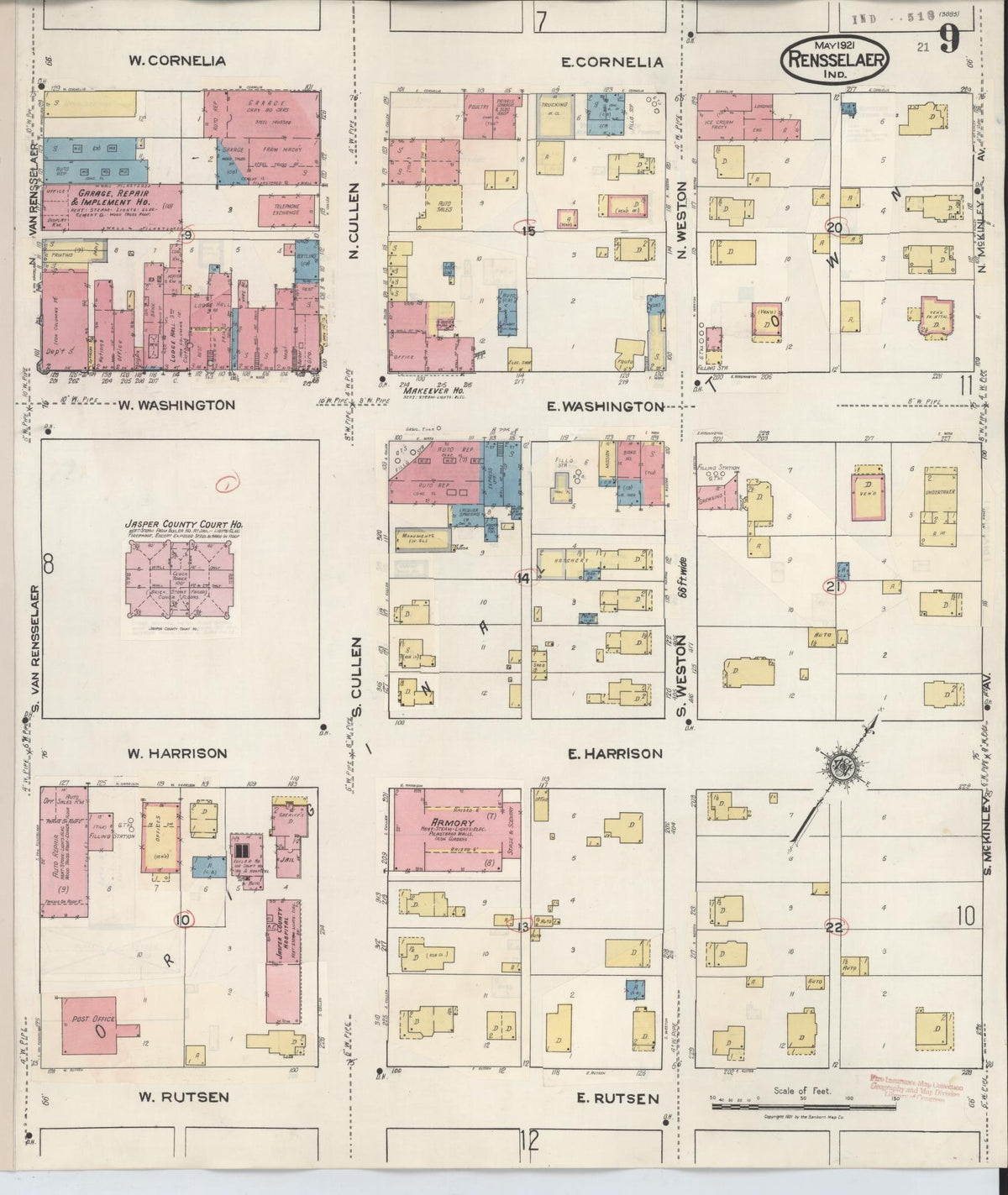 Sanborn Fire Insurance Map from Rensselaer, Jasper County, Indiana (1942), Sheet #0009 - Historic Sanborn Fire Insurance Map Print, vintage old map wall art, antique decor, genealogy gift, Indiana Indiana map