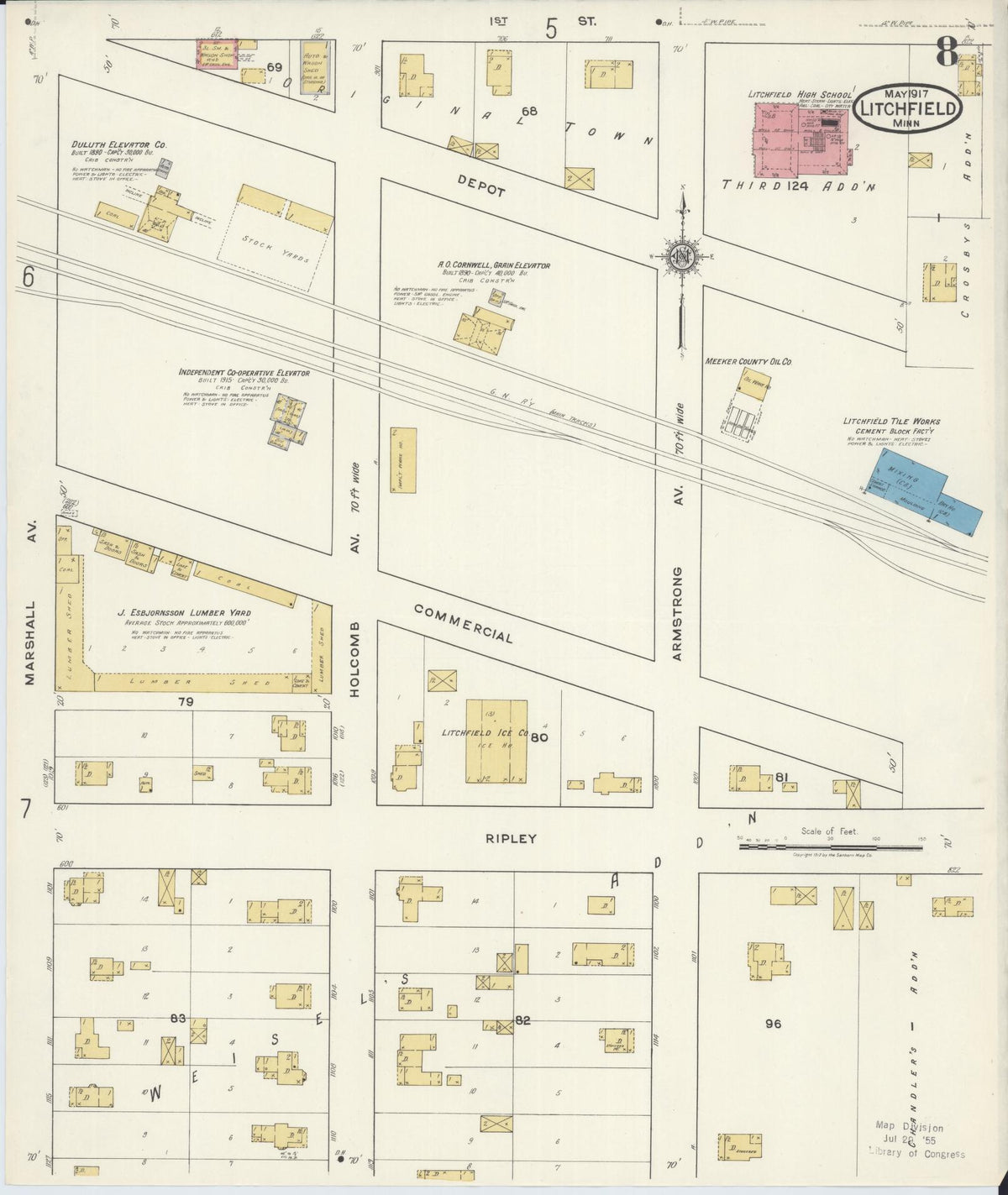 Sanborn Fire Insurance Map from Litchfield, Meeker County, Minnesota (1917), Sheet #0008 - Complete Map Set gallery image, historic Sanborn map, vintage wall art, Minnesota Minnesota