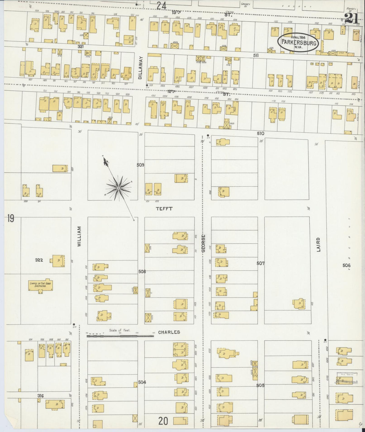 Sanborn Fire Insurance Map from Parkersburg, Wood County, West Virginia (1904), Sheet #0021 - Historic Sanborn Fire Insurance Map Print, vintage old map wall art, antique decor, genealogy gift, West Virginia West Virginia map