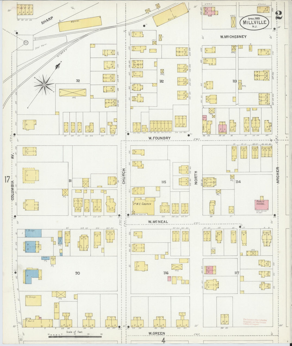 Sanborn Fire Insurance Map from Millville, Cumberland County, New Jersey (1903), Sheet #0002 - Historic Sanborn Fire Insurance Map Print, vintage old map wall art, antique decor, genealogy gift, New Jersey New Jersey map