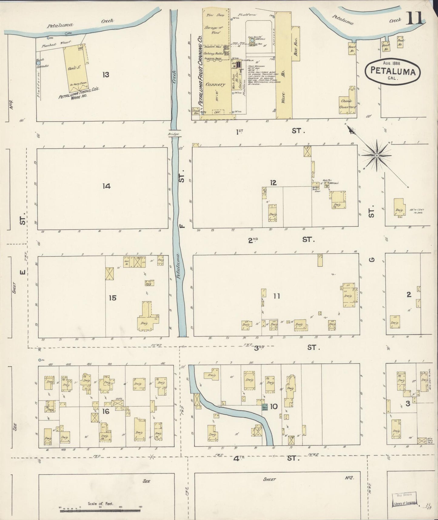 Sanborn Fire Insurance Map from Petaluma, Sonoma County, California (1888), Sheet #0011 - Complete Map Set gallery image, historic Sanborn map, vintage wall art, California California
