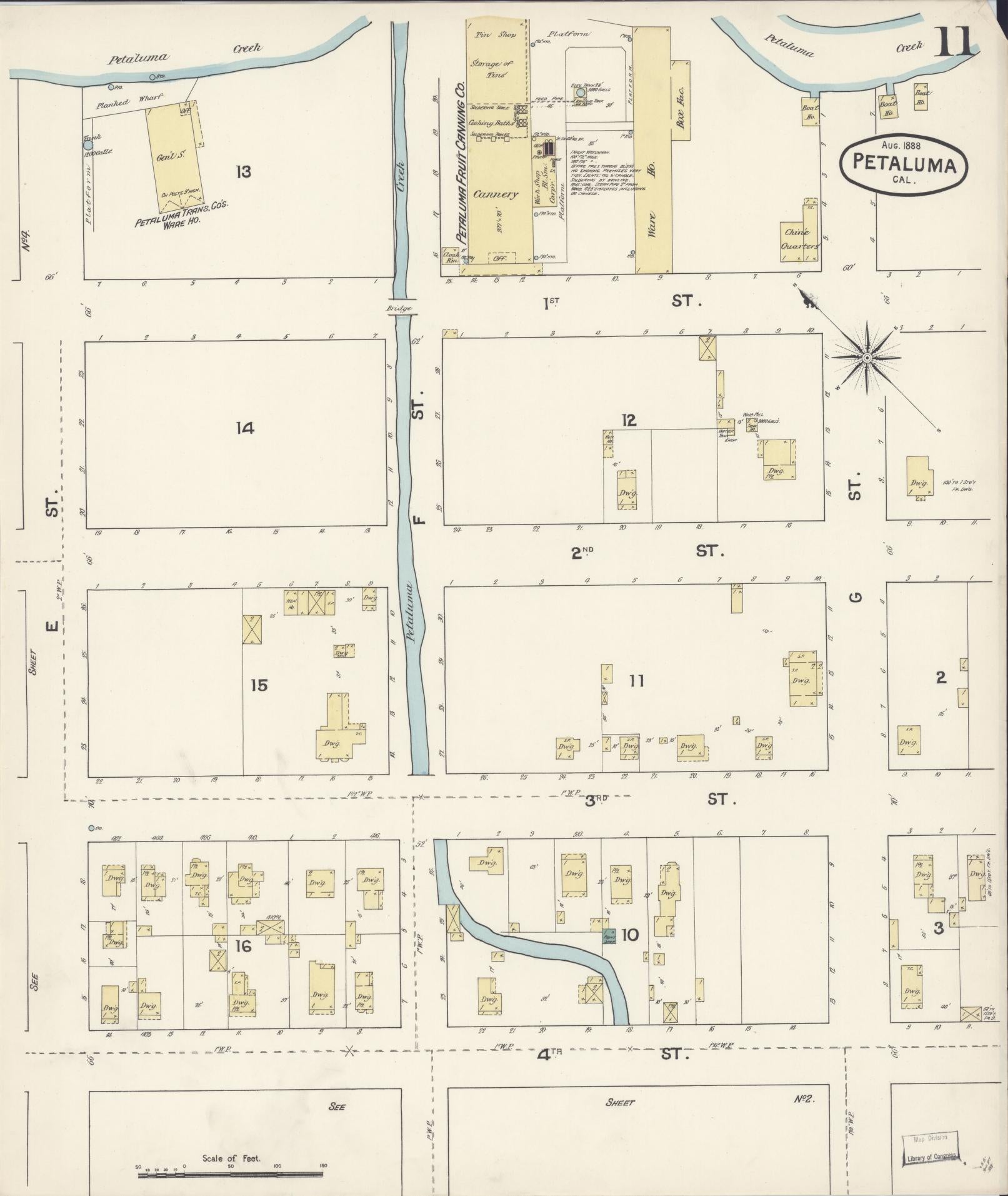 Sanborn Fire Insurance Map from Petaluma, Sonoma County, California (1888), Sheet #0011 - Complete Map Set gallery image, historic Sanborn map, vintage wall art, California California