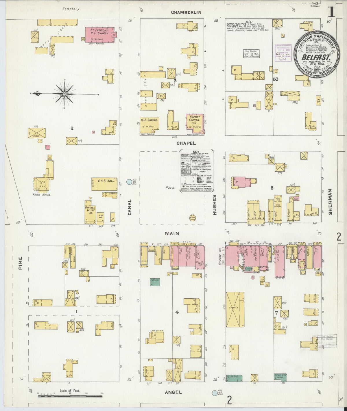 Sanborn Fire Insurance Map from Belfast, Allegany County, New York (1904), Sheet #0001 - Historic Sanborn Fire Insurance Map Print, vintage old map wall art, antique decor, genealogy gift, New York New York map